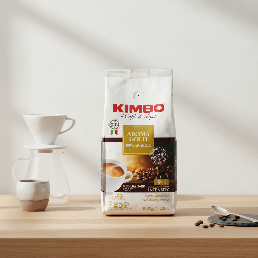 KIMBO AROMA GOLD Café en grains 100 % Arabica Torréfaction Moyennement Foncée intensité 9/13 - 1 kg