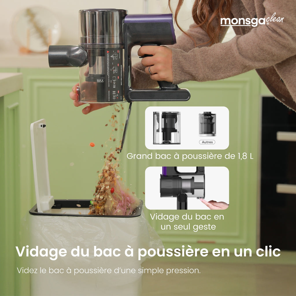 monsga M100 aspirateur sans fil autonome, 55000 Pa 45 min aspirateurs pour la maison, écran tactile, révélation de la poussière par lumière verte, brosse roulante anti-emmêlement, bac à poussière XL, rechargeable pour poils d'animaux/tapis