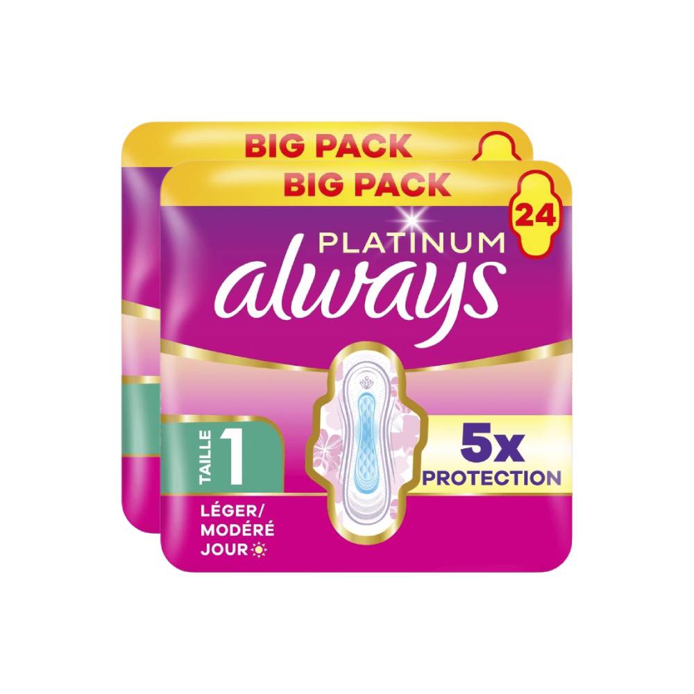 Always Platinum Day Serviettes Hygiéniques Avec Ailettes Flux Léger à Modéré Taille 1 - 48 Unités (2 Paquets de 24)