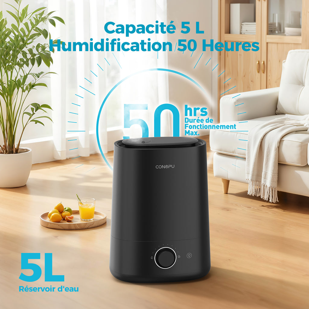 CONOPU Humidificateur 5 L à remplissage par le haut avec diffuseur d’huiles essentielles, brume froide ultrasonique, buse rotative à 360°, veilleuse, autonomie de 50 h