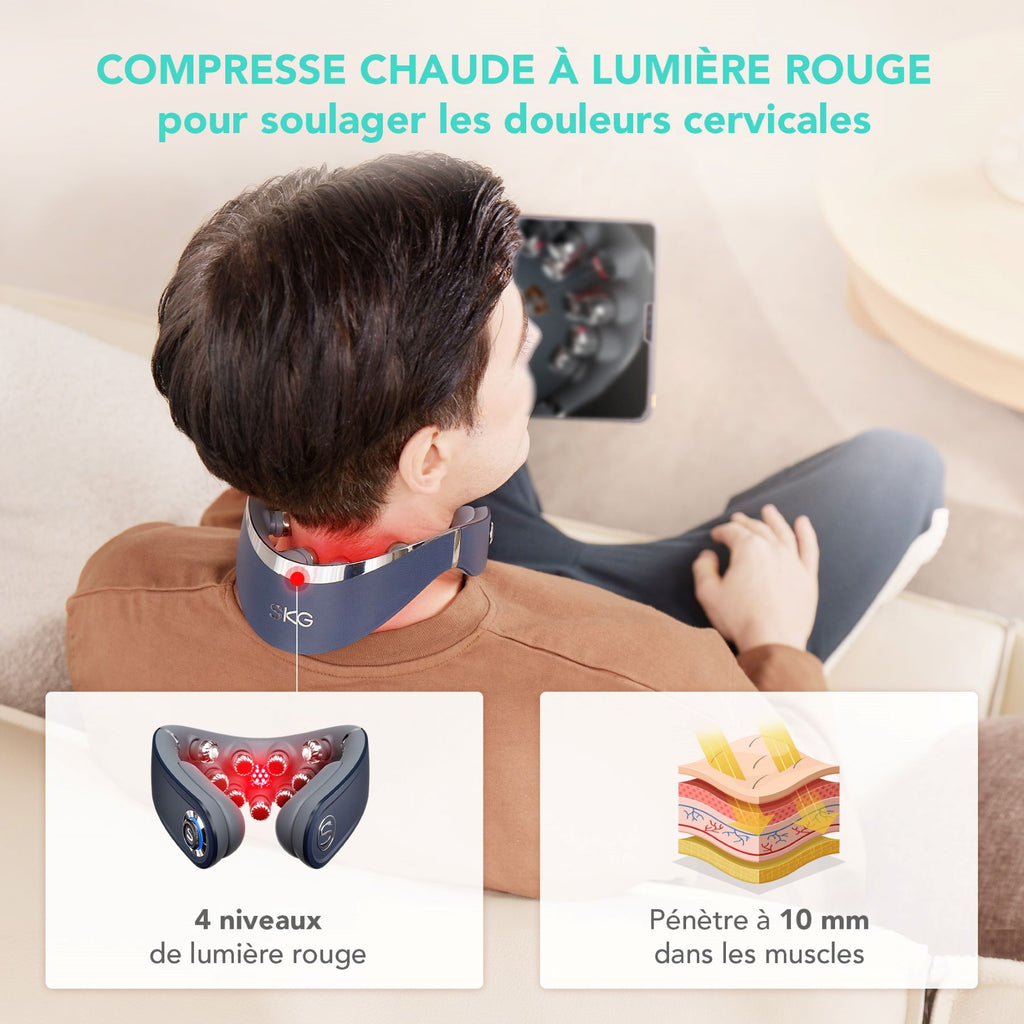 SKG G7 Pro-Fold Appareil de massage Soulagement des douleurs cervicales pour le cou à moyenne fréquence EMS + TENS et vibration 9D pliable. Cadeau pour l'être aimé
