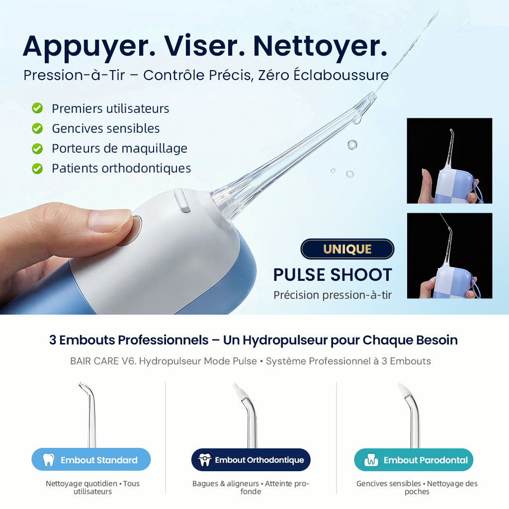 BAIR CARE V6 Hydropulseur de poche portable avec réservoir magnétique innovant, mode jet continu, autonomie de 30 jours, rechargeable USB, étanche IPX7, idéal pour le voyage