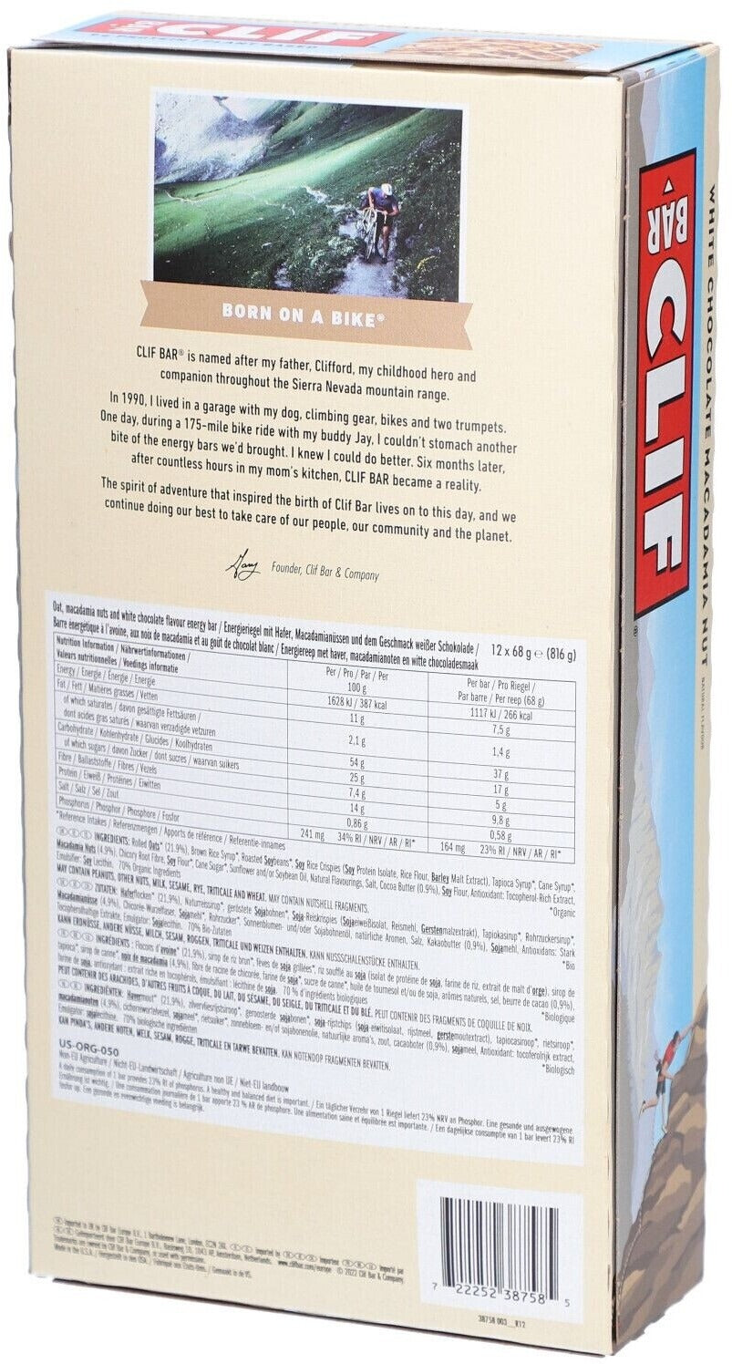 CLIF Bar Barre énergétique noix de macadamia et chocolat blanc, 12 x 68 g