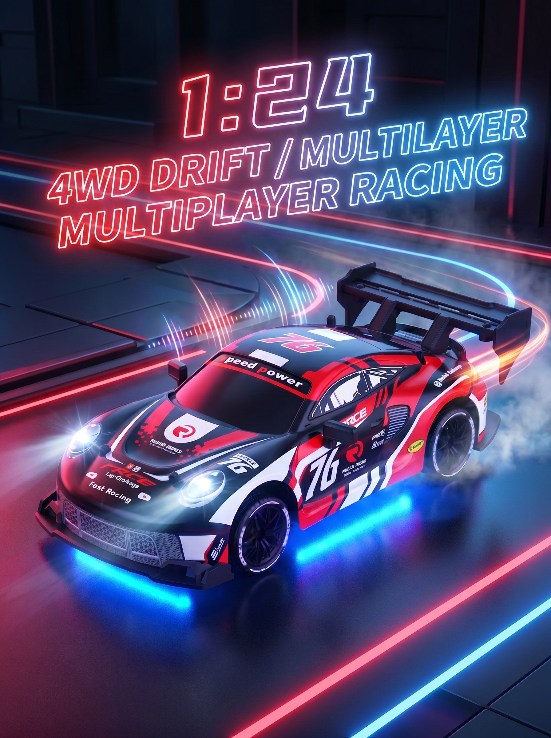Voiture de Drift RC 4WD Porsche 1:24, Haute Vitesse 2,4 g, Moteur 25000 RPM, Pneus de Drift et Lumières LED, Jouet de Course Intérieur Portée 50 m pour 8 Ans et Plus, One Piece en Noir