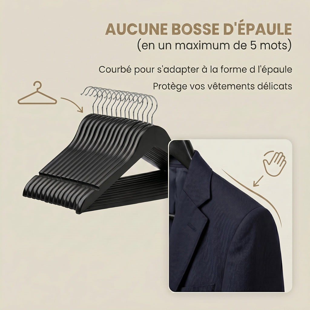 JOYFURNOS Cintres en Bois Massif, Lot de 10, Avec Rainures sur les Épaules, Pour Costumes, Chemises, Manteaux, Noir