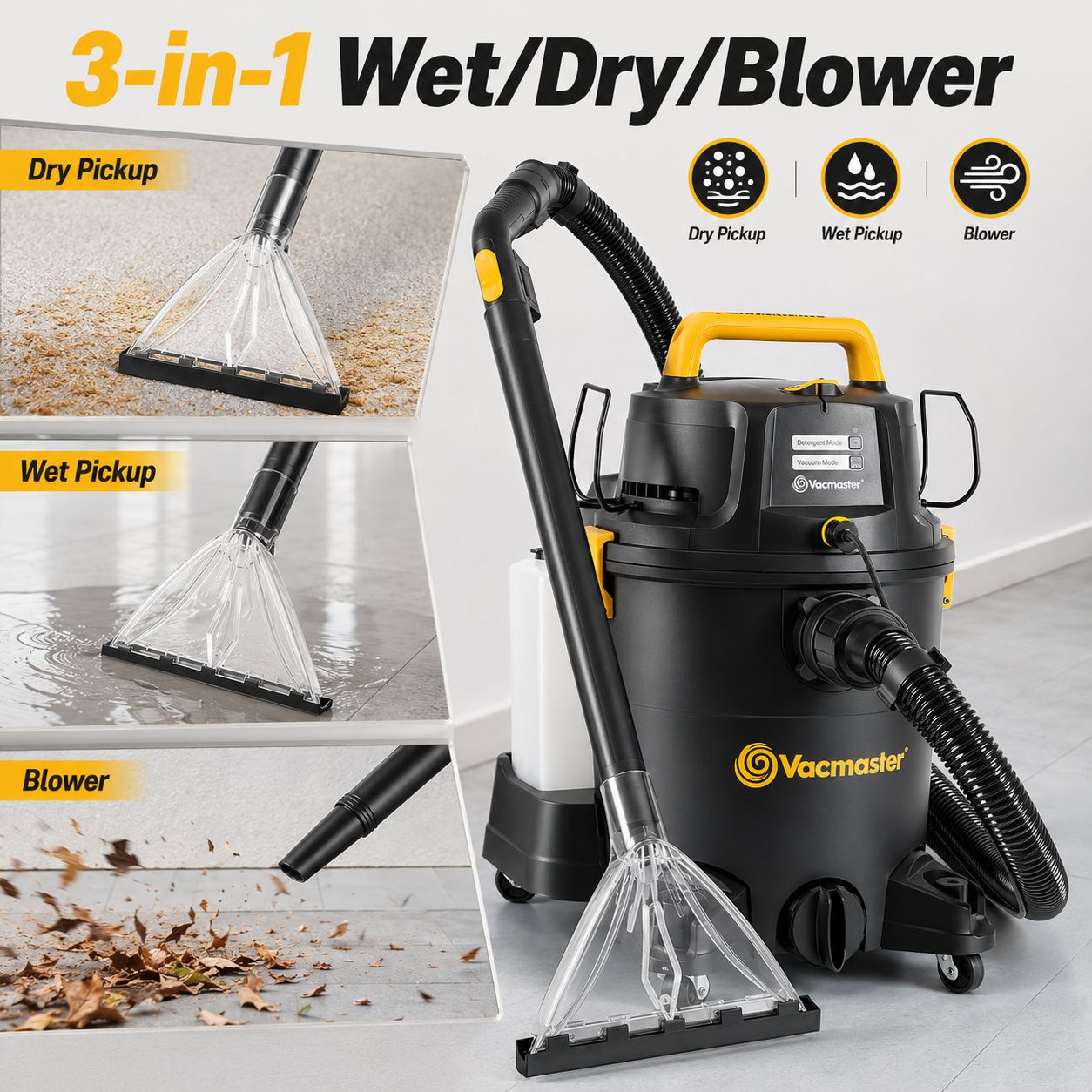 Vacmaster VK1323PFR Nettoyeur eau et poussière 1300 W, 23 L - 3-en-1 : aspire, lave et sèche tapis, canapés, tissus d’ameublement et intérieurs de voiture