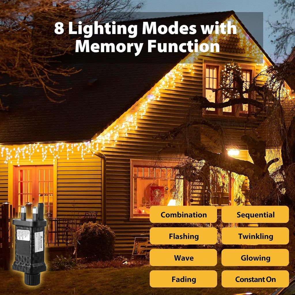 SALCAR Guirlande lumineuse extérieure 5M 200 LED rideau de stalactites avec télécommande, 8 modes, IP44, étanche - Blanc chaud