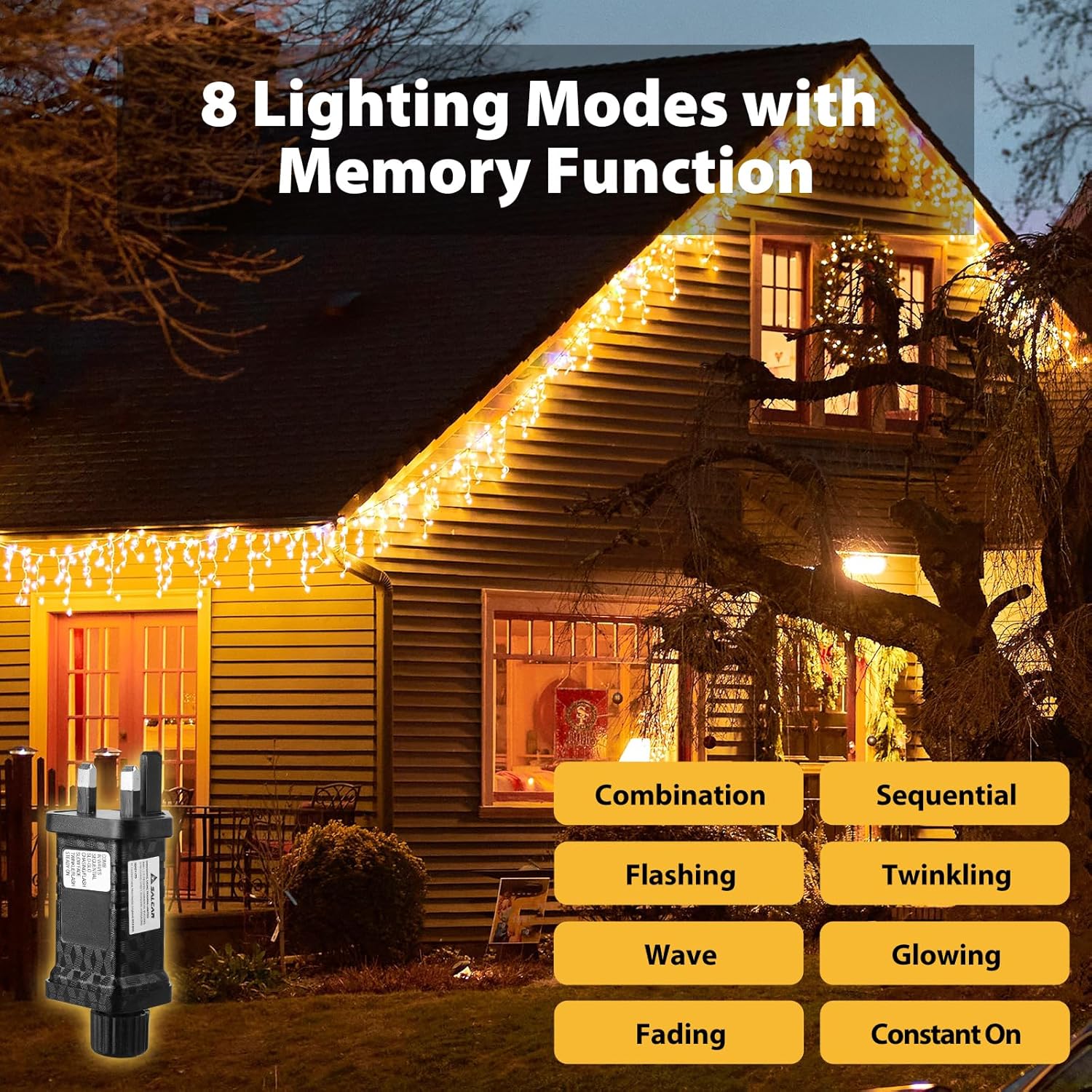 SALCAR Guirlande lumineuse extérieure 5M 200 LED rideau de stalactites avec télécommande, 8 modes, IP44, étanche - Blanc chaud