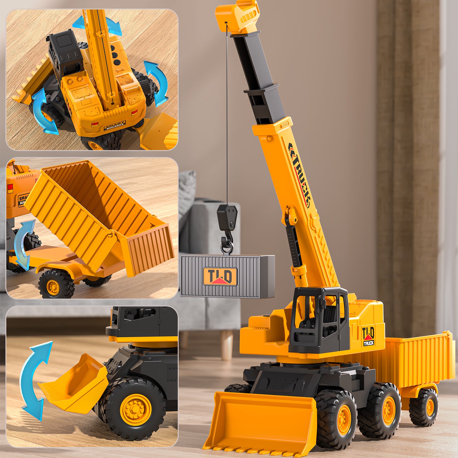 Jouet de camion grue de construction pour tout-petits, véhicule d'ingénierie 5 en 1 avec bras extensible, crochet de levage, remorque basculante et pelleteuse