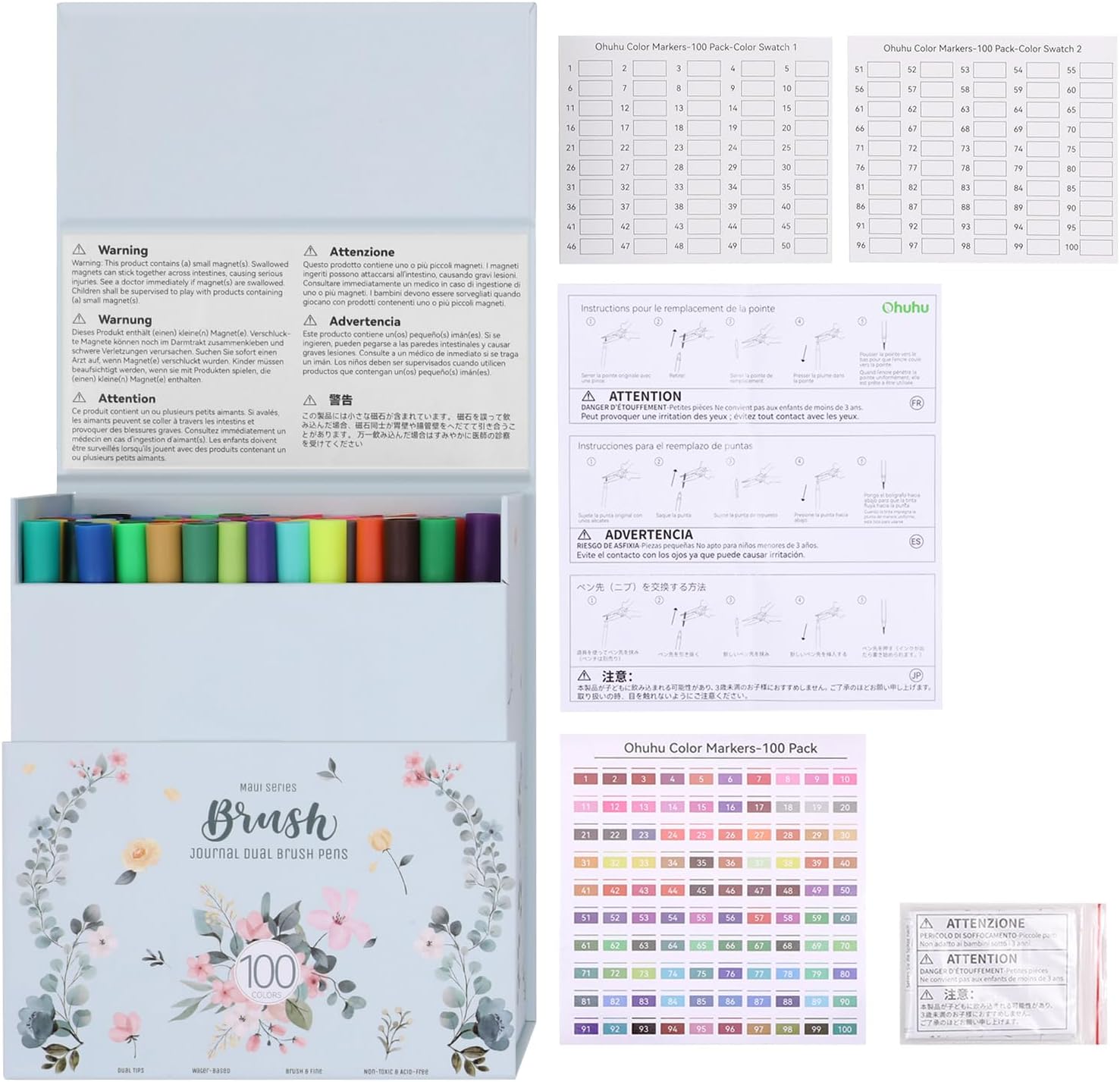 Ohuhu Maui stylos pinceaux double pointe - Ensemble de marqueurs d'art 100 couleurs avec fineliner, étui de rangement blanc