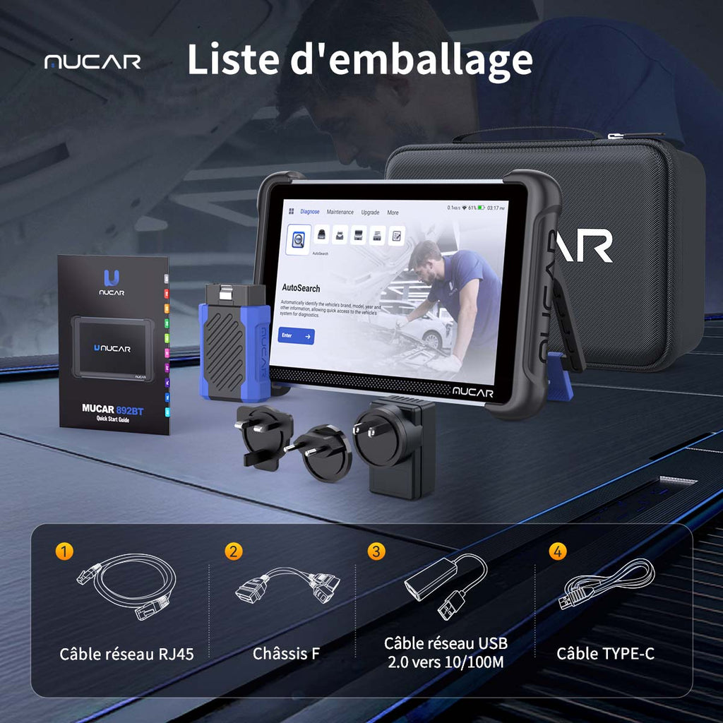 MUCAR 892BT Scanner OBD2 professionnel avec mises à jour gratuites à vie, codage ECU, tests bidirectionnels, CAN-FD & DoIP, diagnostic IA, tablette 8" avec VCI magnétique