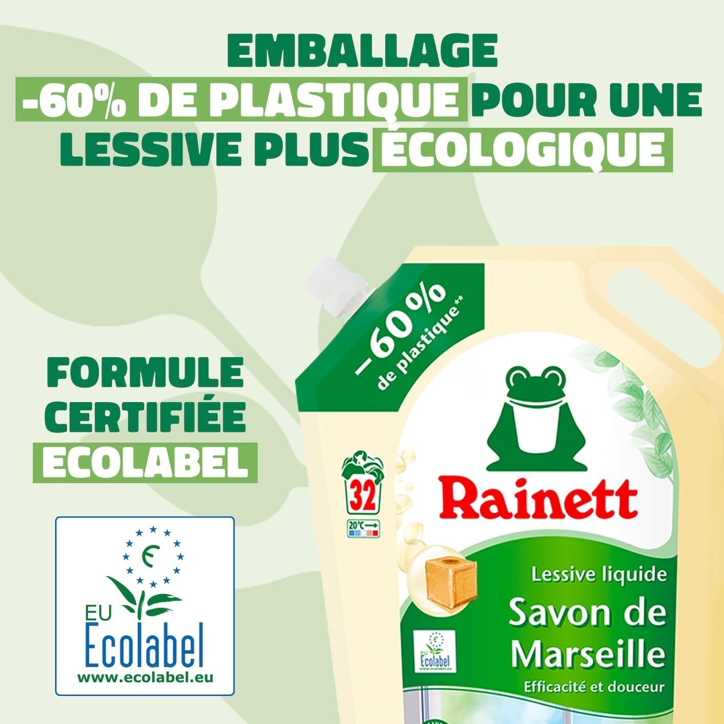 RAINETT Recharge Lessive Liquide Écologique au Savon de Marseille 1.6L (32 Lavages)