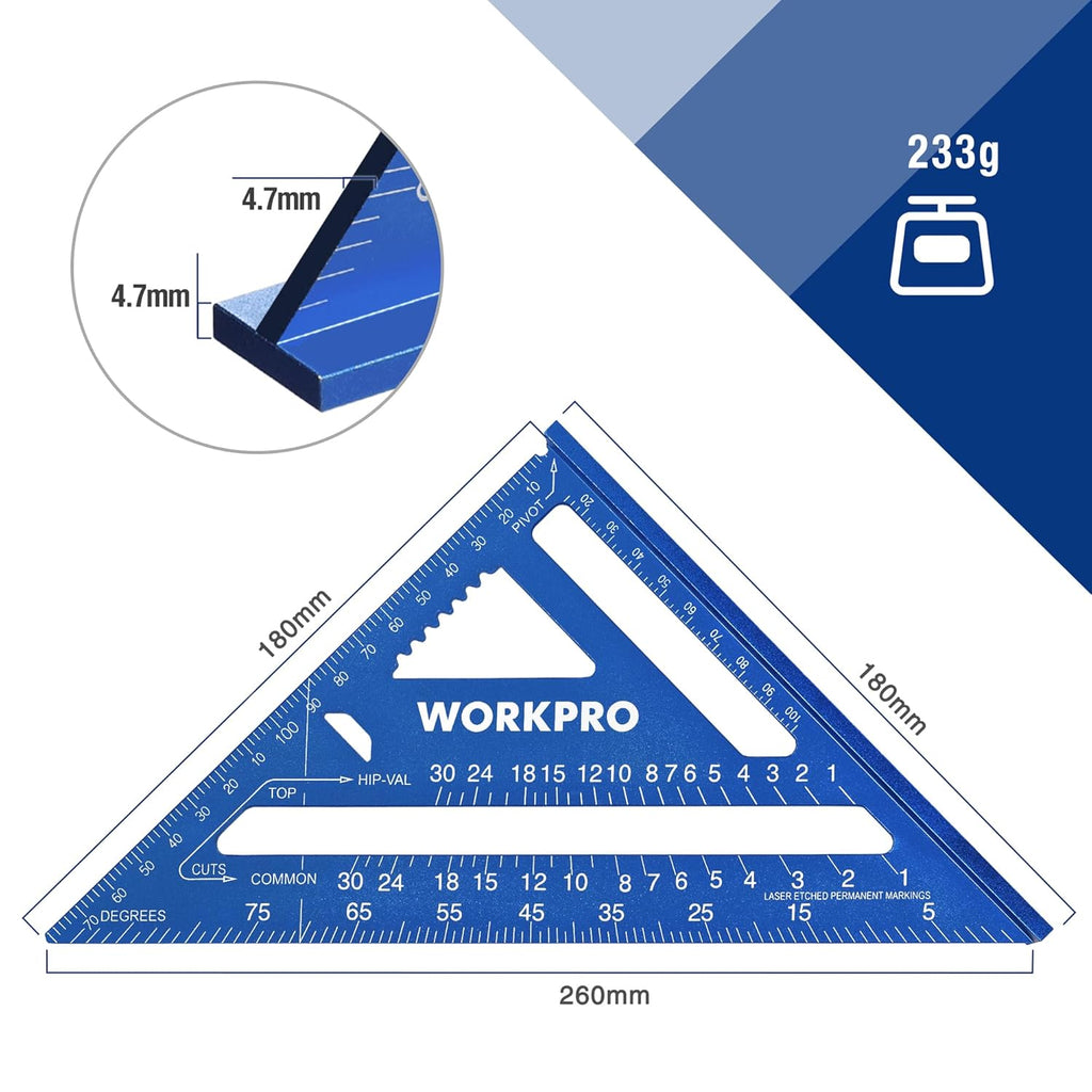 WORKPRO Équerre à 90° en aluminium 180 mm, outil de mesure pour menuisier