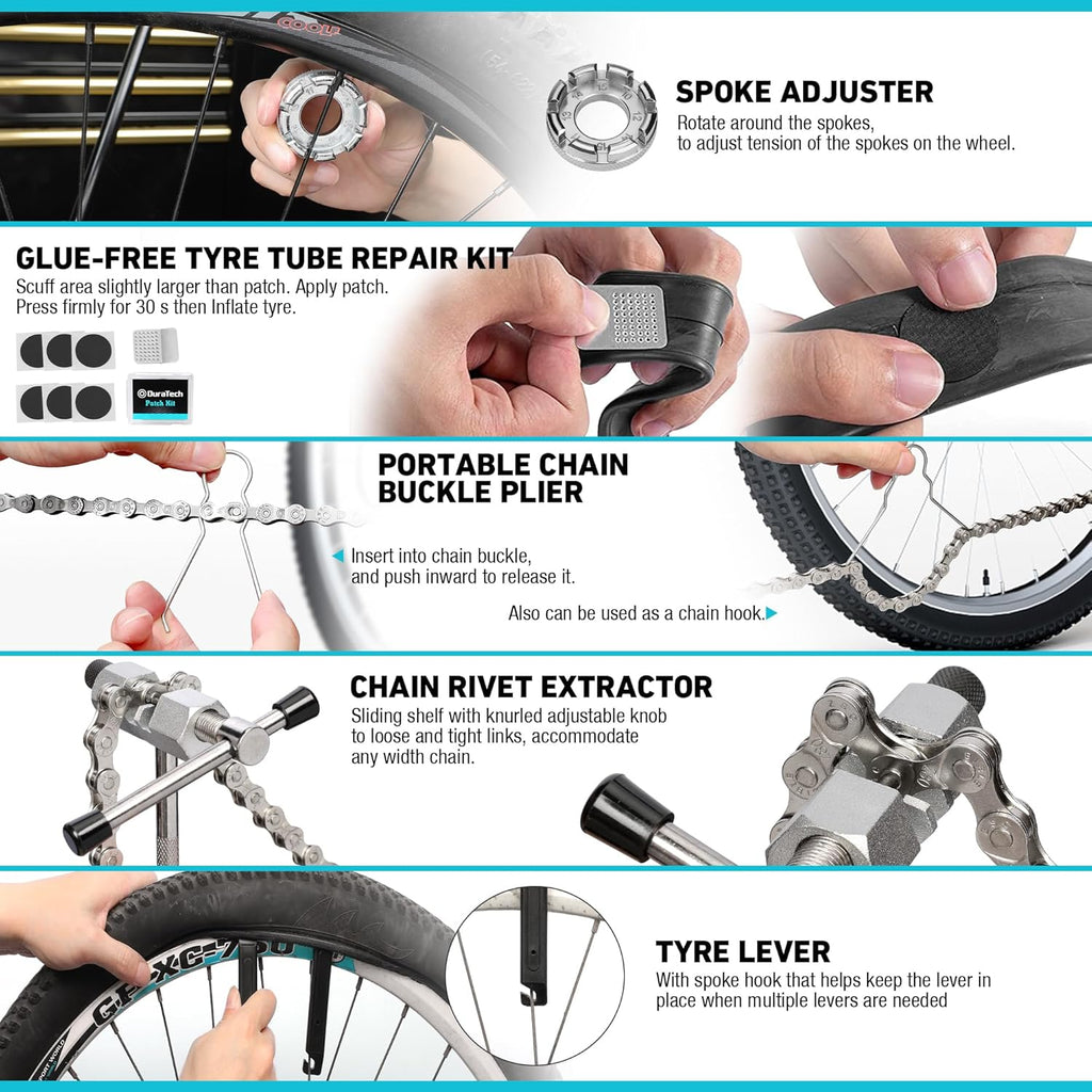 Kit de réparation de vélo 31 pièces avec mallette de rangement, kit d'entretien de vélo, outils de réparation de pneus et de chaîne, boîte à outils portable