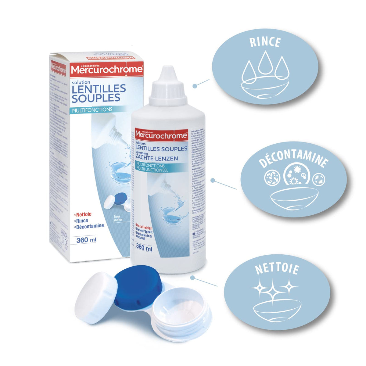 Mercurochrome Solution lentilles Souples Multifonctions Tout-en-un Nettoyante Rince Décontamine 360 ml