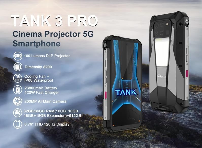 Unihertz Tank 3 Pro 5G Smartphone Projecteur Robuste, Batterie 23800 mAh, 32 Go RAM, 512 Go Stockage, MediaTek Dimensity 8200 5G, Caméra Principale 200 MP + Objectif Vision Nocturne 64 MP, Double SIM Double Veille NFC