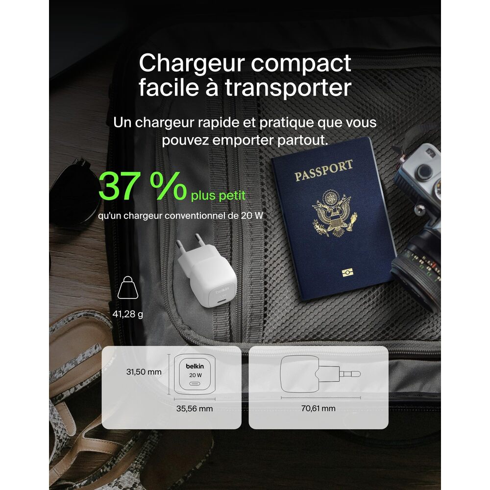 Belkin 20 W USB-C Power Delivery Chargeur Secteur pour Téléphones Portables, Inclus un Câble USB-C vers USB-C de 1 mètre, Blanc