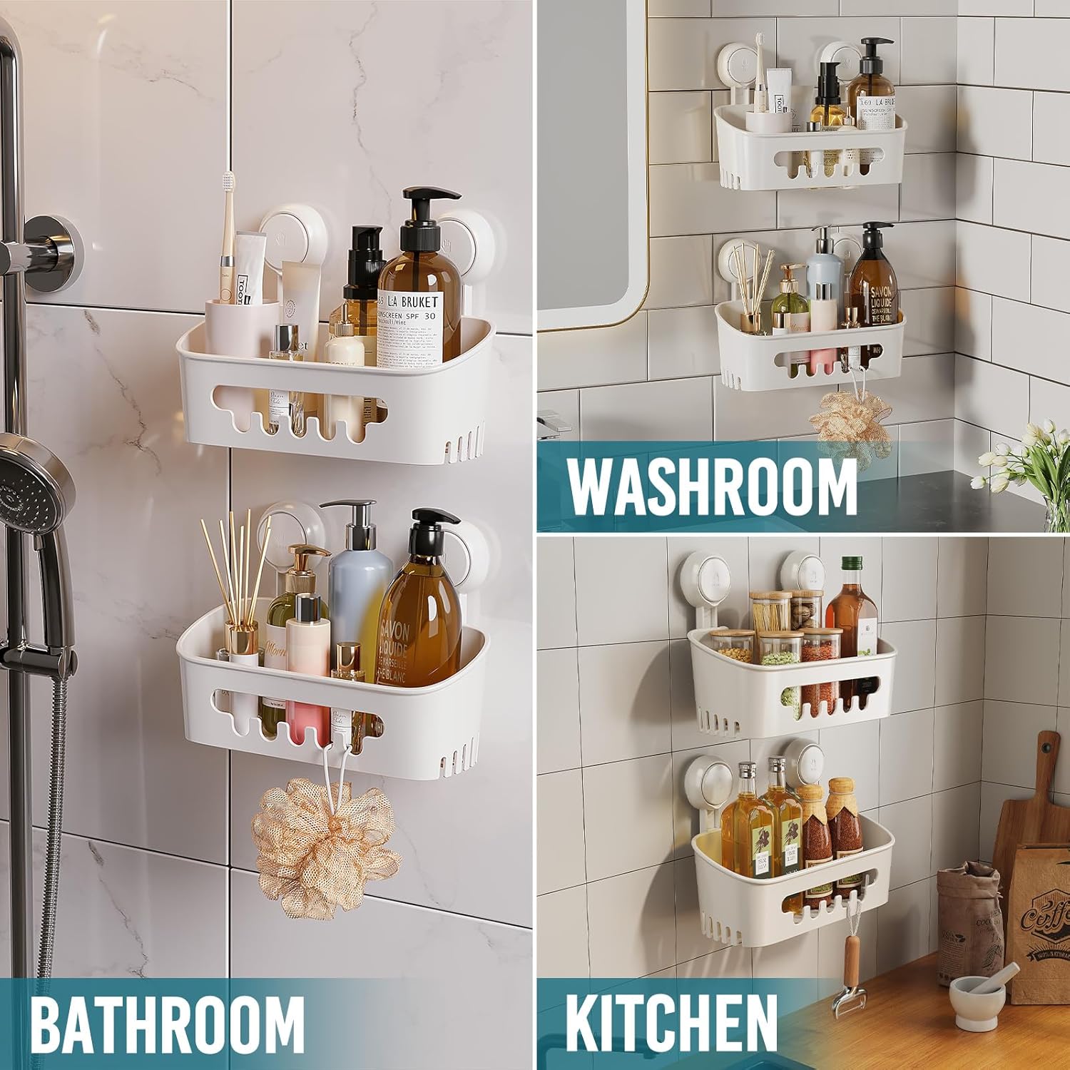 Taili Lot de 2 paniers de douche à ventouse, Organisateur de salle de bain robuste, Étagères amovibles pour intérieur de douche