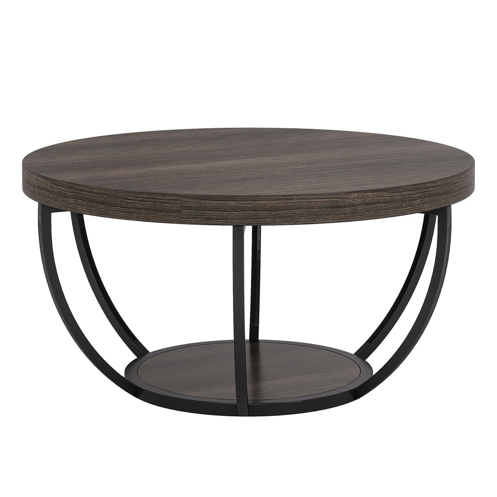 LANTINE Table basse ronde 80 cm à 2 niveaux avec étagères de rangement - Gris