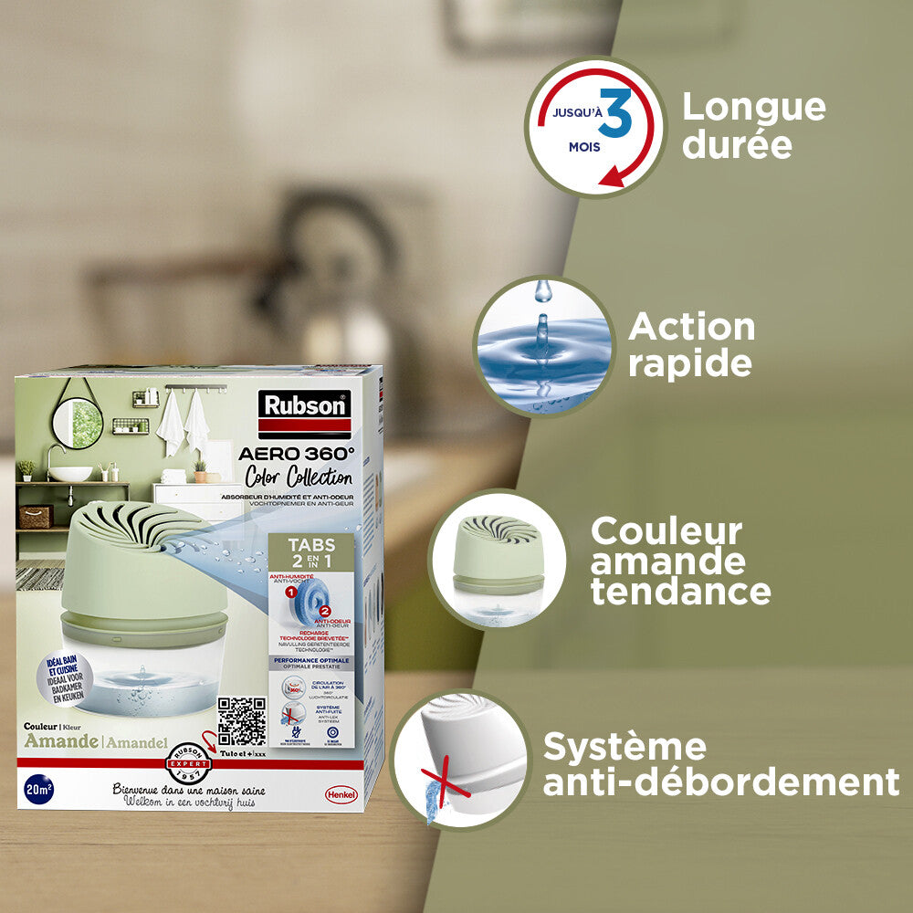 Rubson | Absorbeur d'Humidité Aero 360° Couleur Amande (1 appareil + 1 recharge de 450 g) – Absorbeur anti-humidité pour pièce jusqu'à 20 m² – Déshumidificateur d'air anti-odeur et anti-moisissure