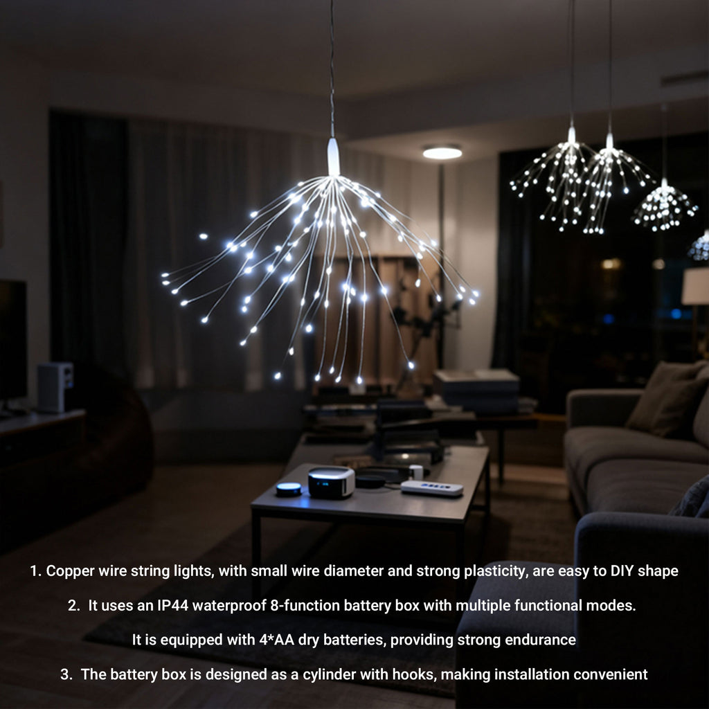 M.TK Suspension lumineuse LED Starburst, lampe feu d'artifice, 90 LED, blanc froid, fonctionne sur piles, pour Noël, extérieur, terrasse, jardin