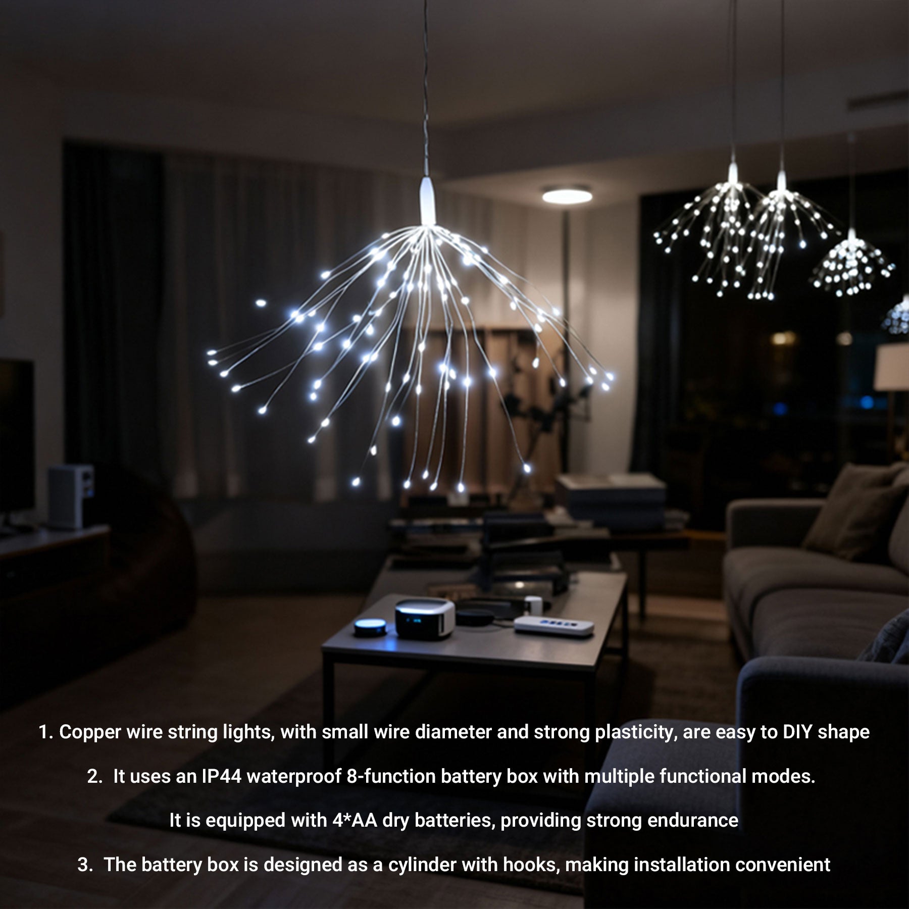 M.TK Suspension lumineuse LED Starburst, lampe feu d'artifice, 90 LED, blanc froid, fonctionne sur piles, pour Noël, extérieur, terrasse, jardin