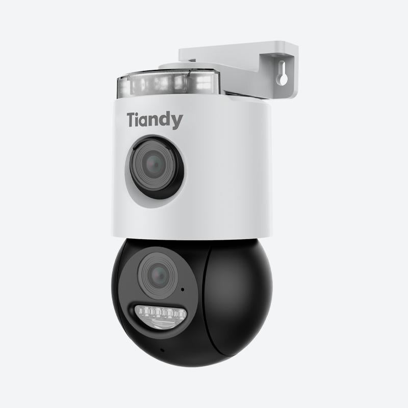 Tiandy Caméra de surveillance motorisée intérieure/extérieure double objectif 4 MP, Objectif 4 mm, Détection gratuite de personnes/véhicules, Vue 345°, SD/Cloud