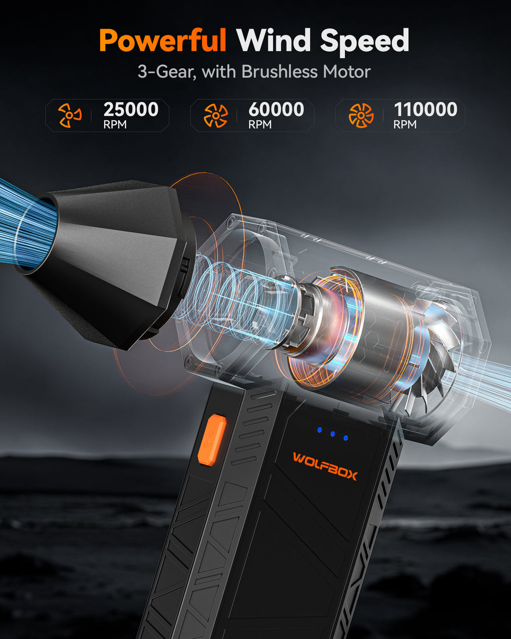 WOLFBOX MegaFlow 50 Dépoussiéreur électrique à air comprimé 110000 tr/min super puissant, Mini souffleur réglable 3 vitesses avec charge rapide, Souffleur à poussière pour ordinateur