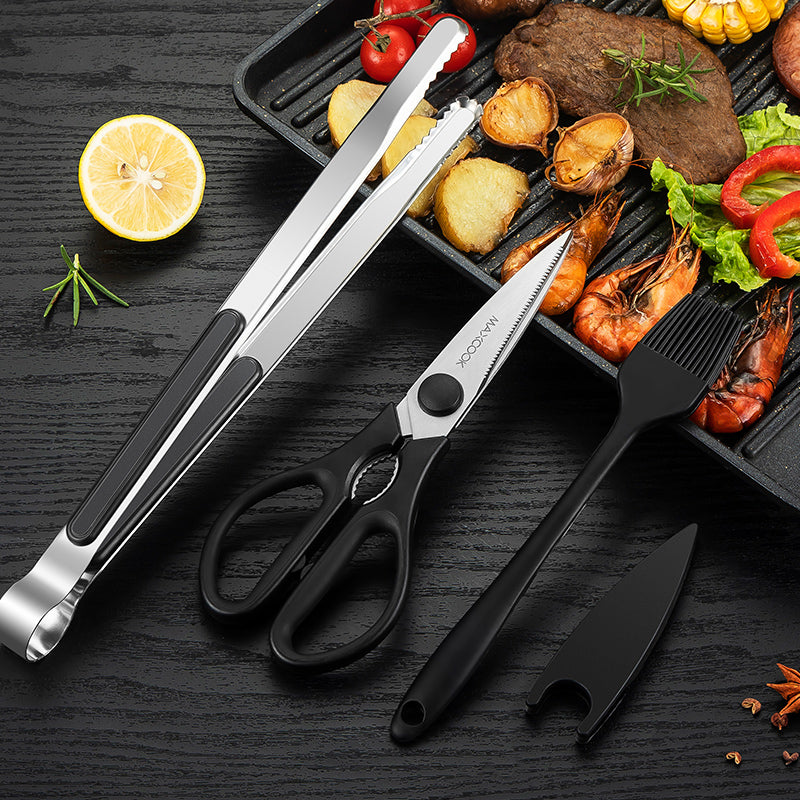 Maxcook MCPJ9562 Lot de 3 accessoires de barbecue en acier inoxydable avec pinces à barbecue, pinceau à huile et ciseaux - Noir