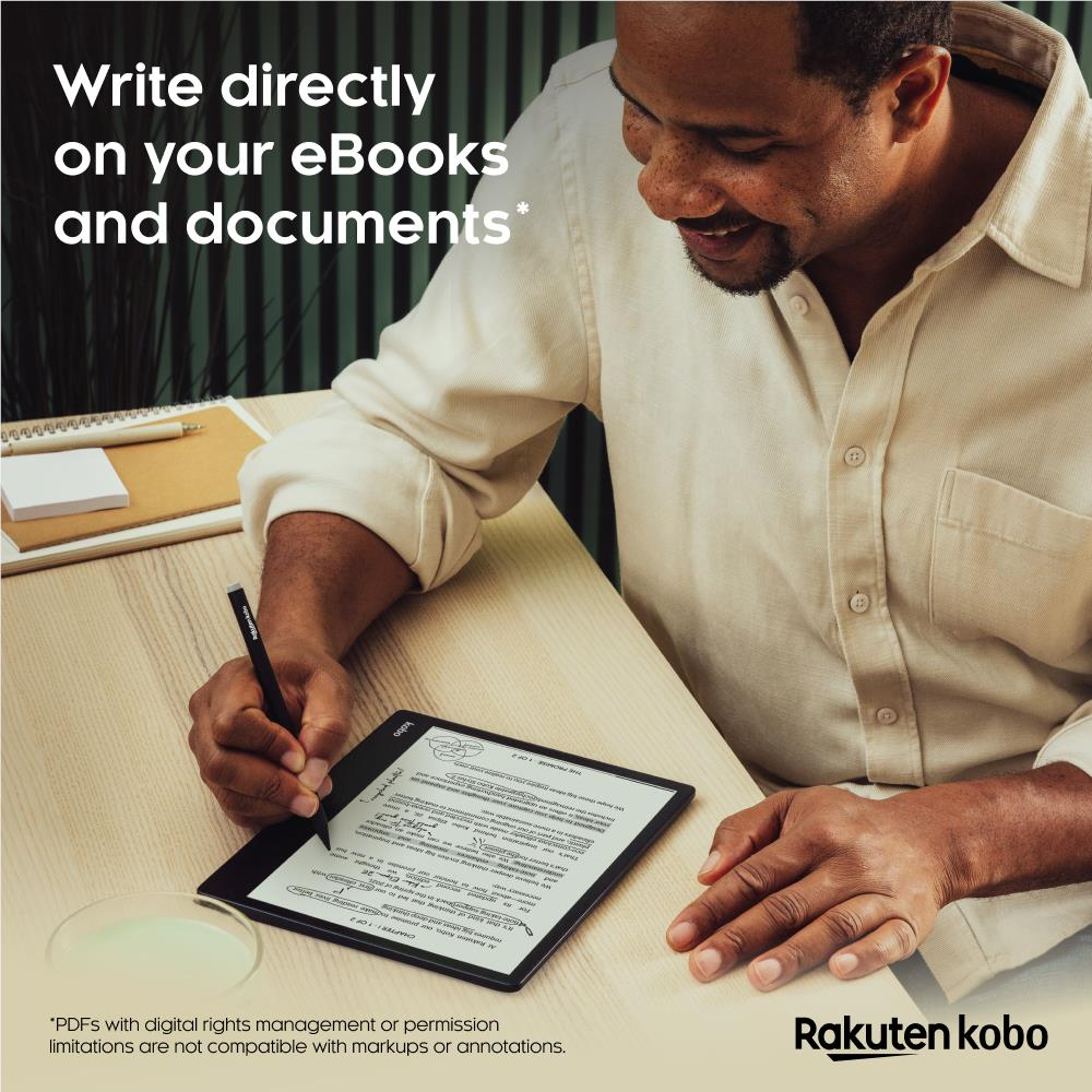 Liseuse Kobo Elipsa 2E - Écran Tactile Carta E Ink sans Reflets de 10.3” avec ComfortLight Pro - Inclus Kobo Stylus 2- Option Mode Sombre - Livres Audio - 32 Go de stockage - Noir
