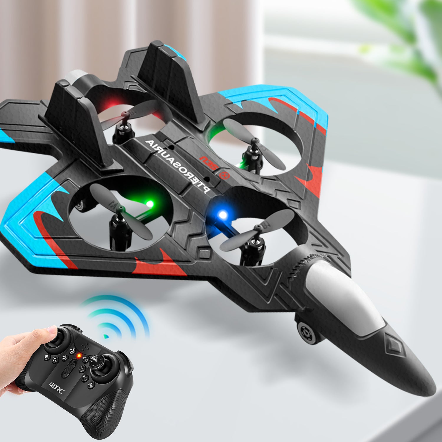 4DRC V32 Avion RC, avion télécommandé en mousse avec lumière, 2 batteries, pirouette à 360°, systèmes de stabilisation gyroscopique, 3 vitesses réglables, avion de chasse RC