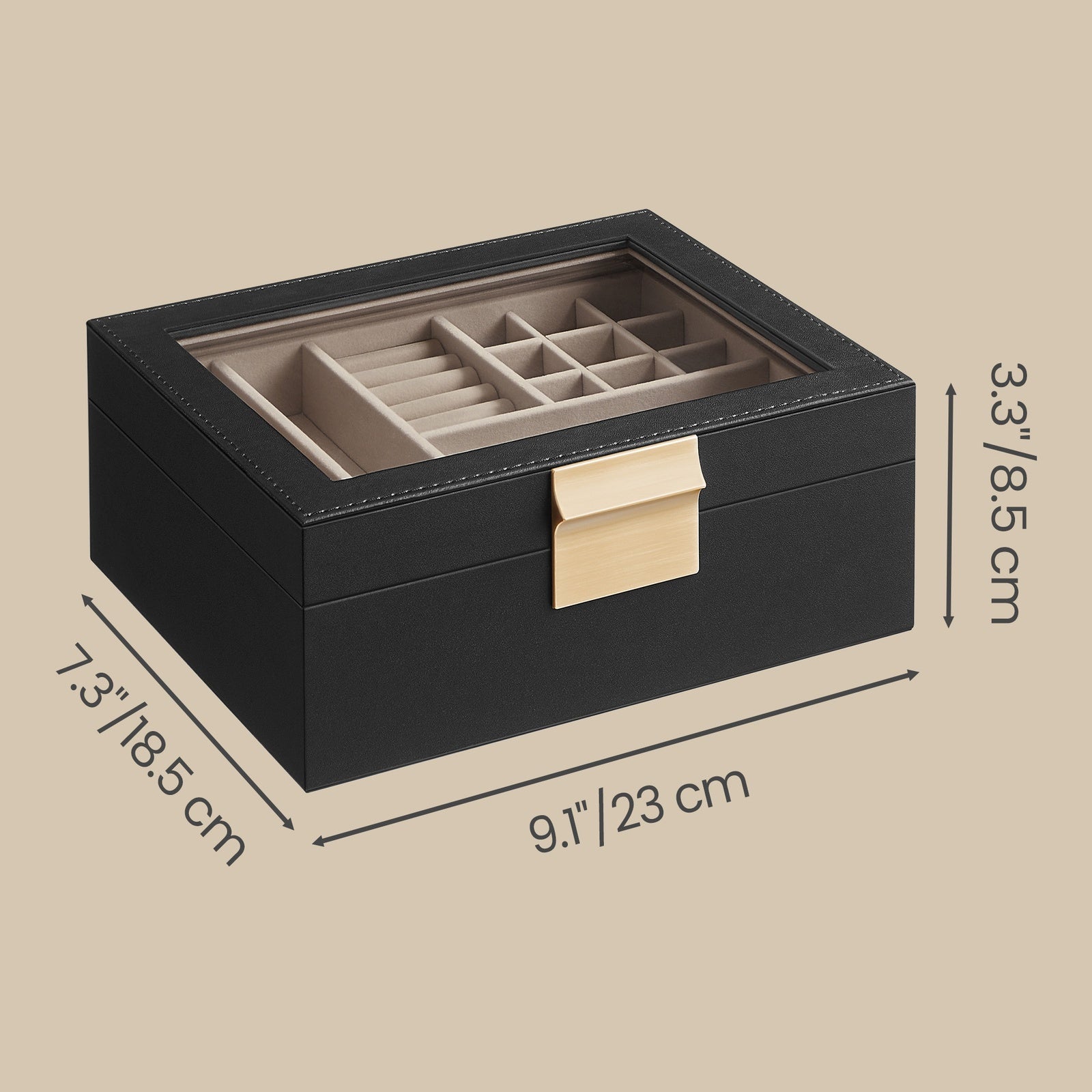 JOYFURNOS Boîte à Bijoux avec Couvercle en Verre, Organiseur à Bijoux 2 Niveaux avec Plateau Amovible, Rangement pour Bijoux, Style Moderne, Cadeau pour Vos Proches, Noir Graphite et Or Métallique