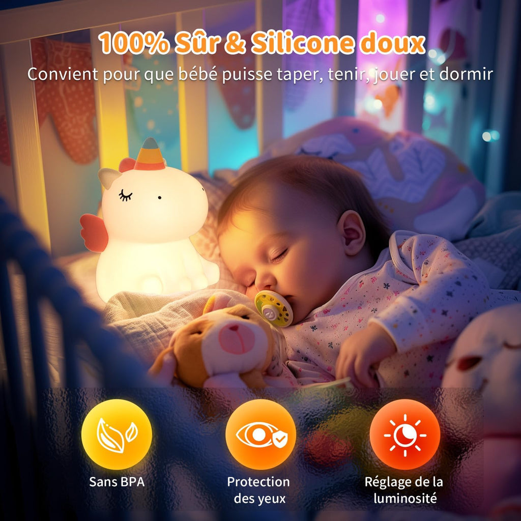 VIVREAL Veilleuse licorne pour enfants Silicone LED à intensité variable Souple Rechargeable Tactile Blanc