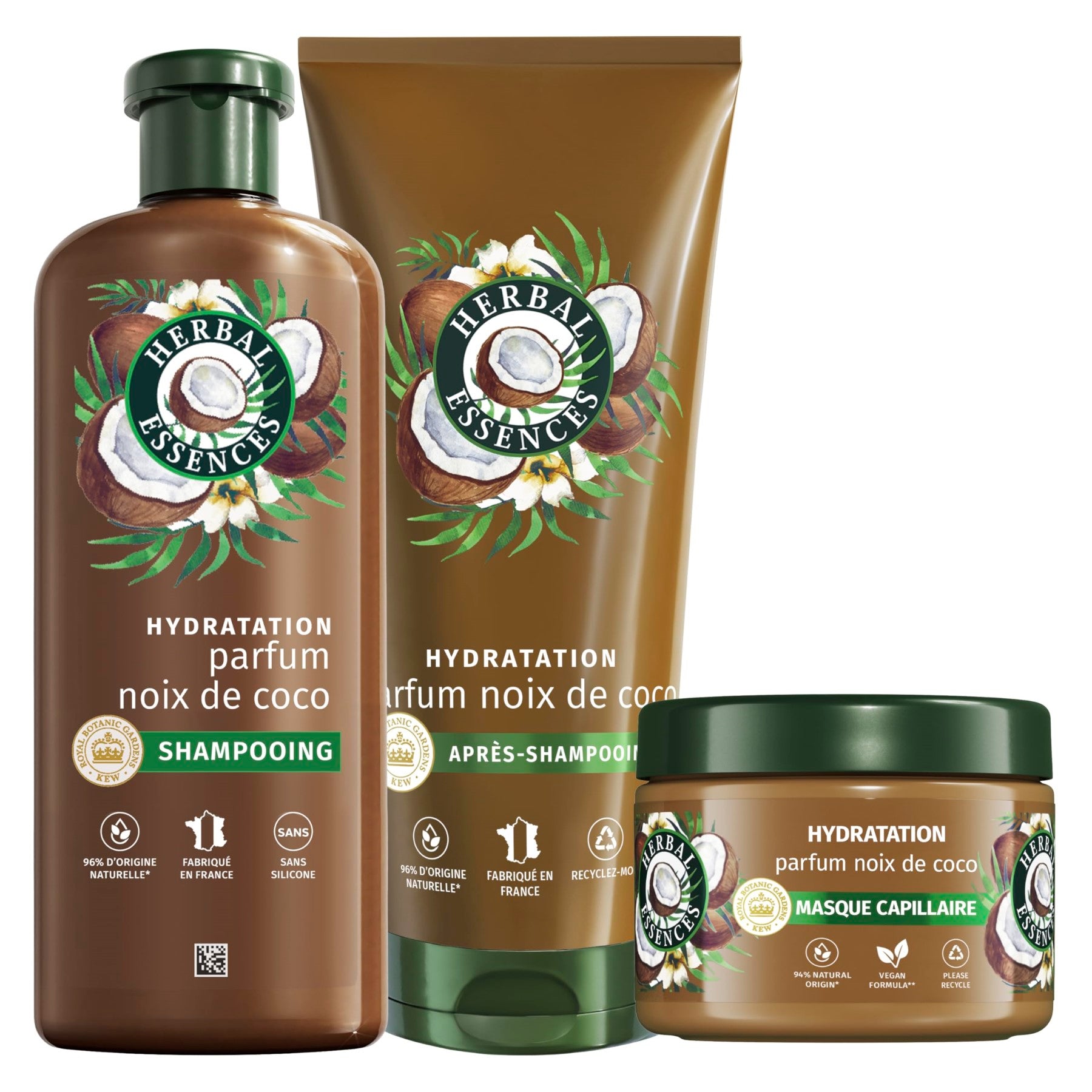 Herbal Essences Routine Hydratation Parfum Noix de Coco avec Shampooing 250 ml, Après-shampooing 200 ml Et Masque 500 ml