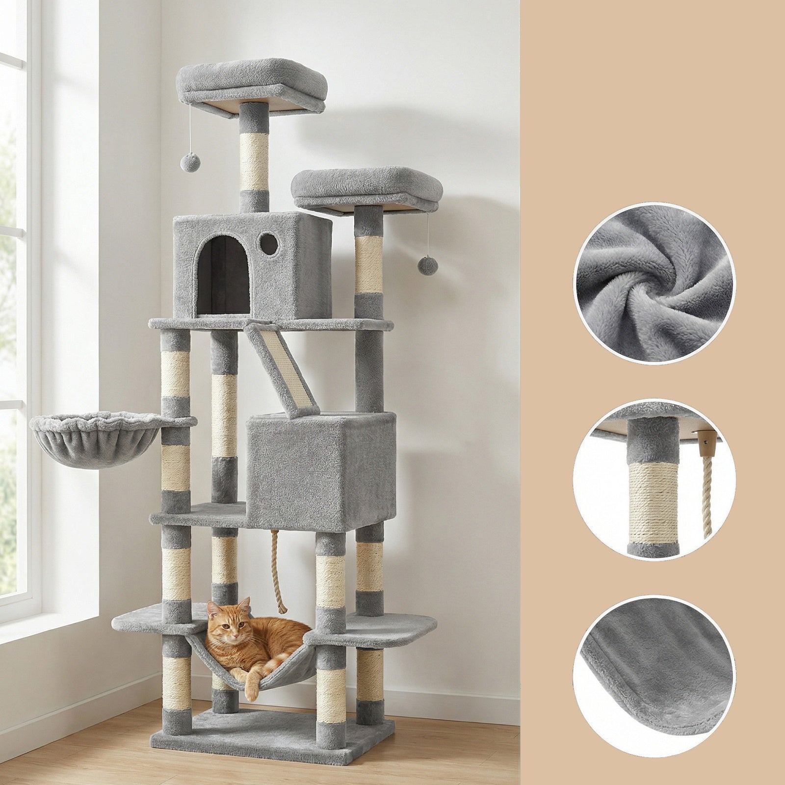 JOYFURNOS Arbre à chat, grande tour pour chat de 168 cm avec 13 poteaux à griffer, 1 rampe à griffer, 2 perchoirs, 2 niches, panier, hamac, pompons, gris clair