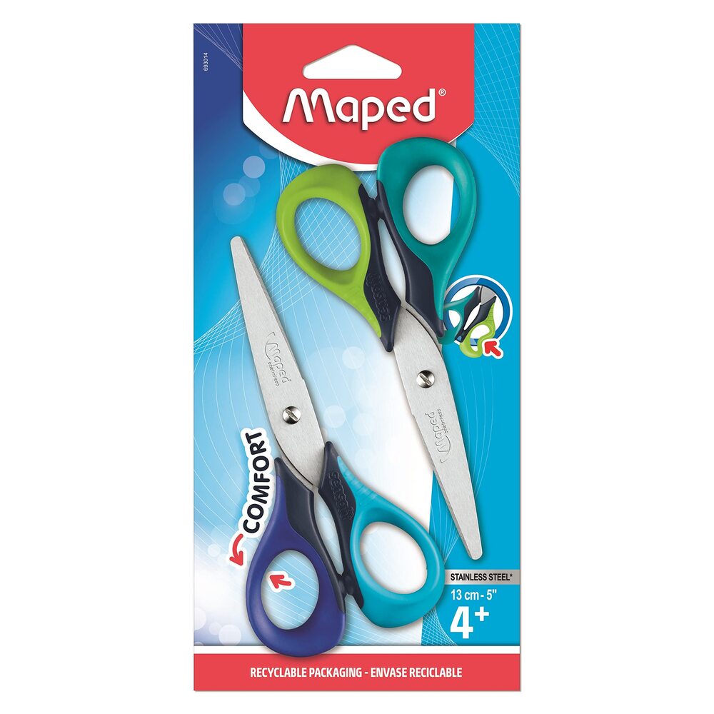 Maped Sensoft Ciseaux Ergonomiques – 13 cm, 2 Paires, Anneaux Souples, Lames en Acier Inoxydable