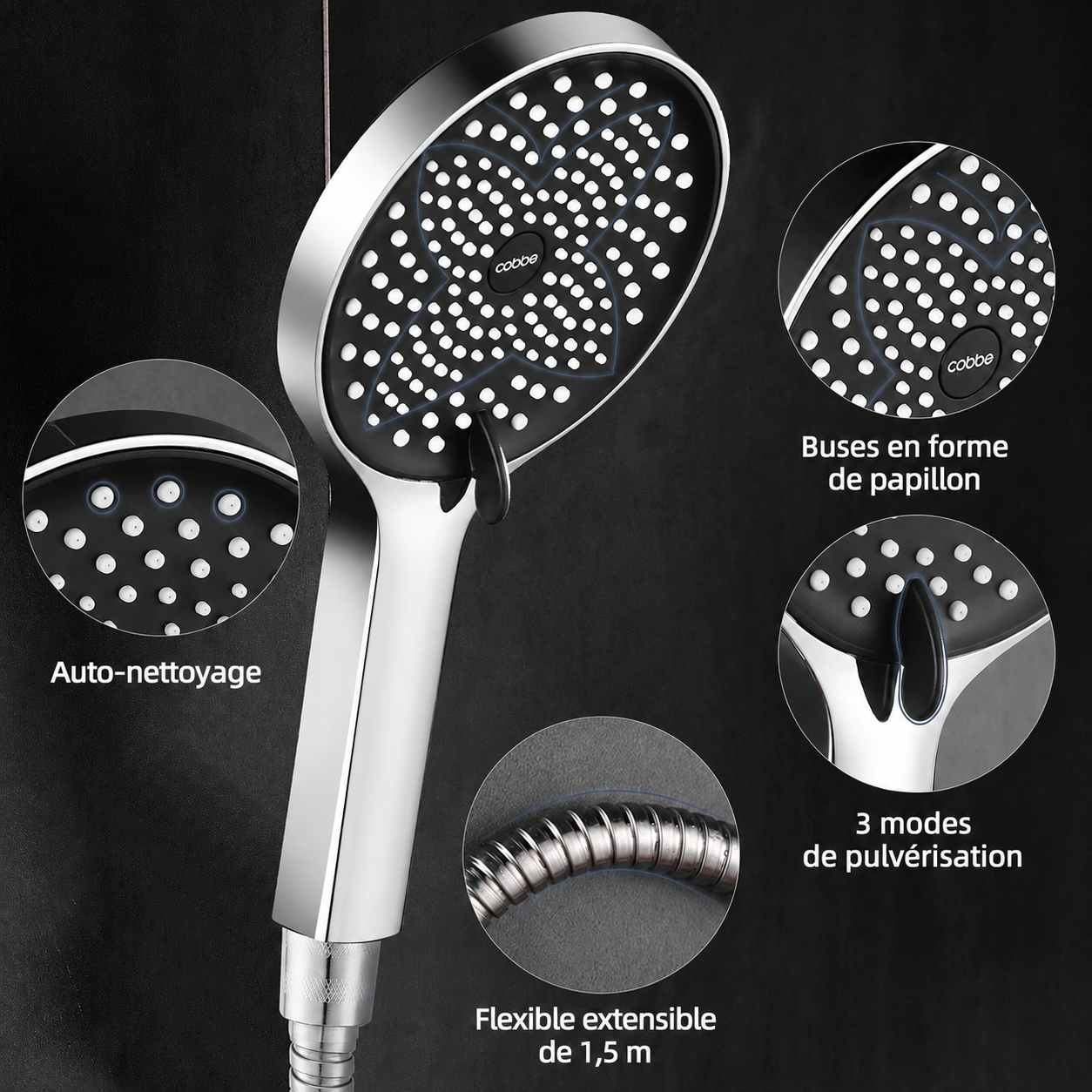 Pommeau de douche rafraîchissant d'été Cobbe avec flexible, grand modèle effet pluie à pression renforcée, 3 modes de jet, économie d'eau, finition noir/chrome