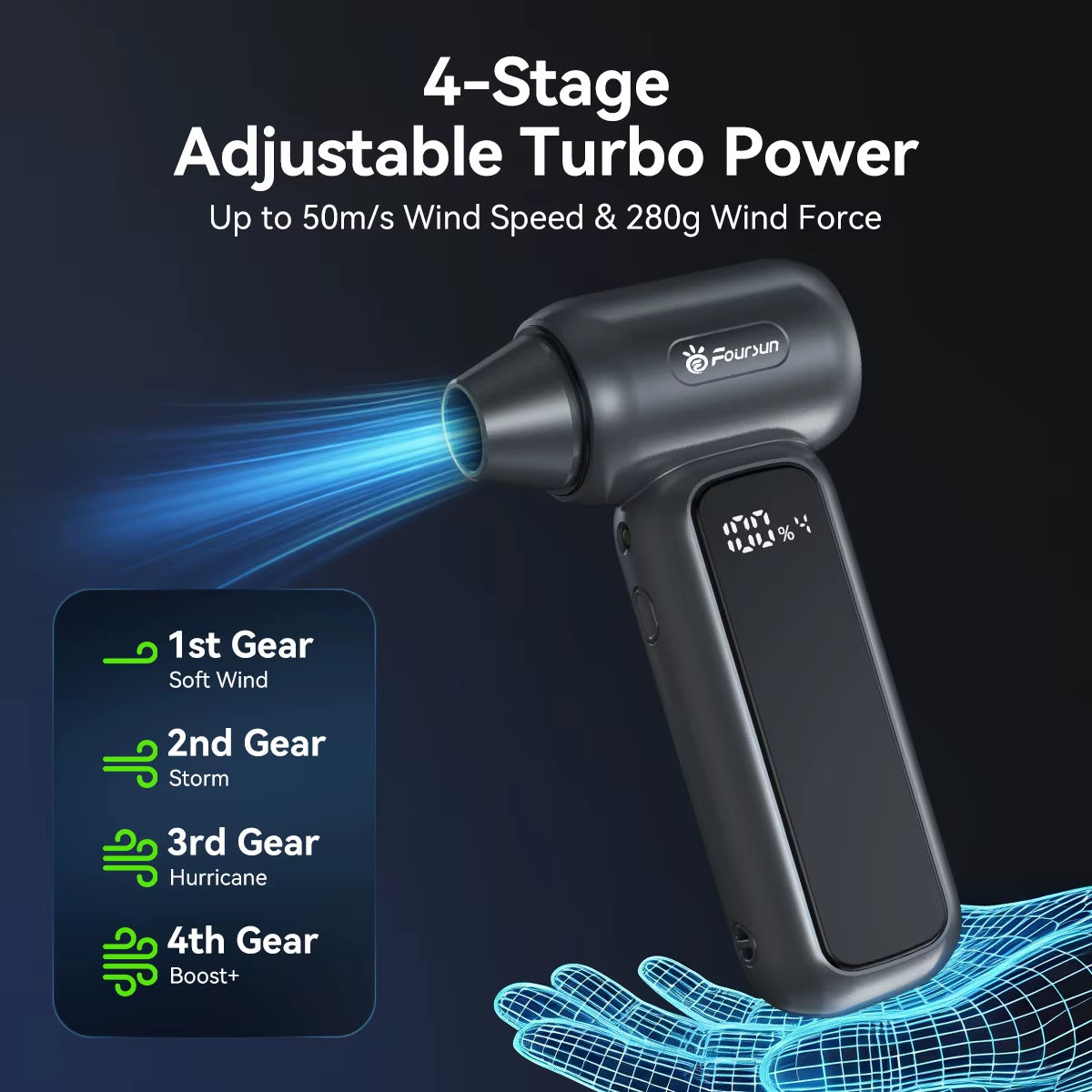 Foursun TF100 Souffleur d'air électrique à ventilateur turbo, Dépoussiéreur à air, 4 vitesses, Moteur sans balais, Pour voiture/PC/maison/animal de compagnie/nettoyage extérieur