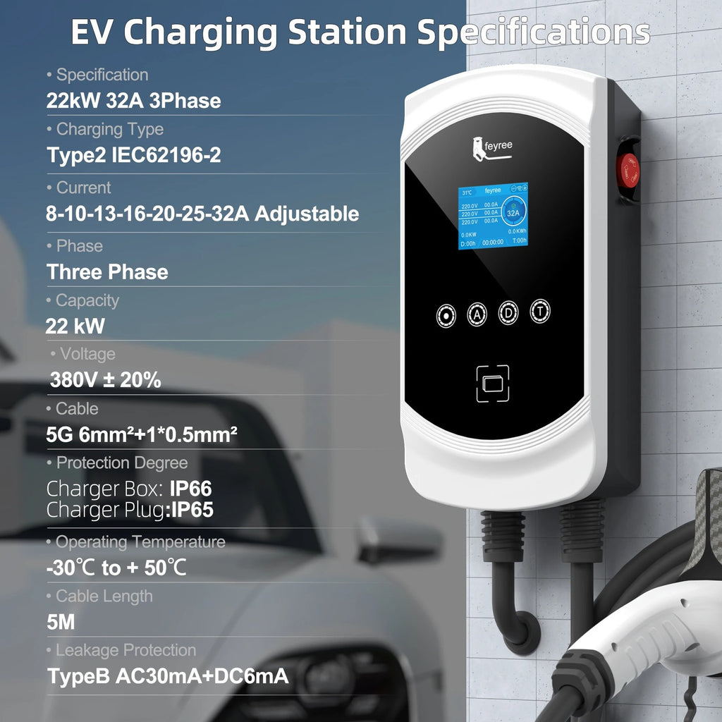 feyree Chargeur EV Type 2 32 A 22 kW 3P avec équilibrage dynamique de la charge, modèle EVSE Wallbox, fonctionnalité d’application Wi-Fi intelligente pour voitures électriques