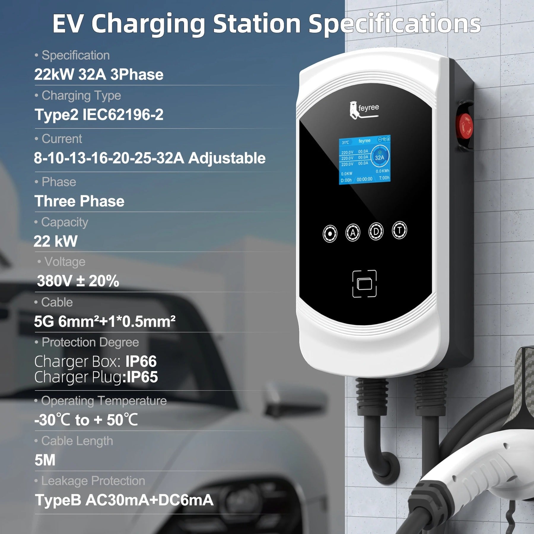 feyree Chargeur EV Type 2 32 A 22 kW 3P avec équilibrage dynamique de la charge, modèle EVSE Wallbox, fonctionnalité d’application Wi-Fi intelligente pour voitures électriques