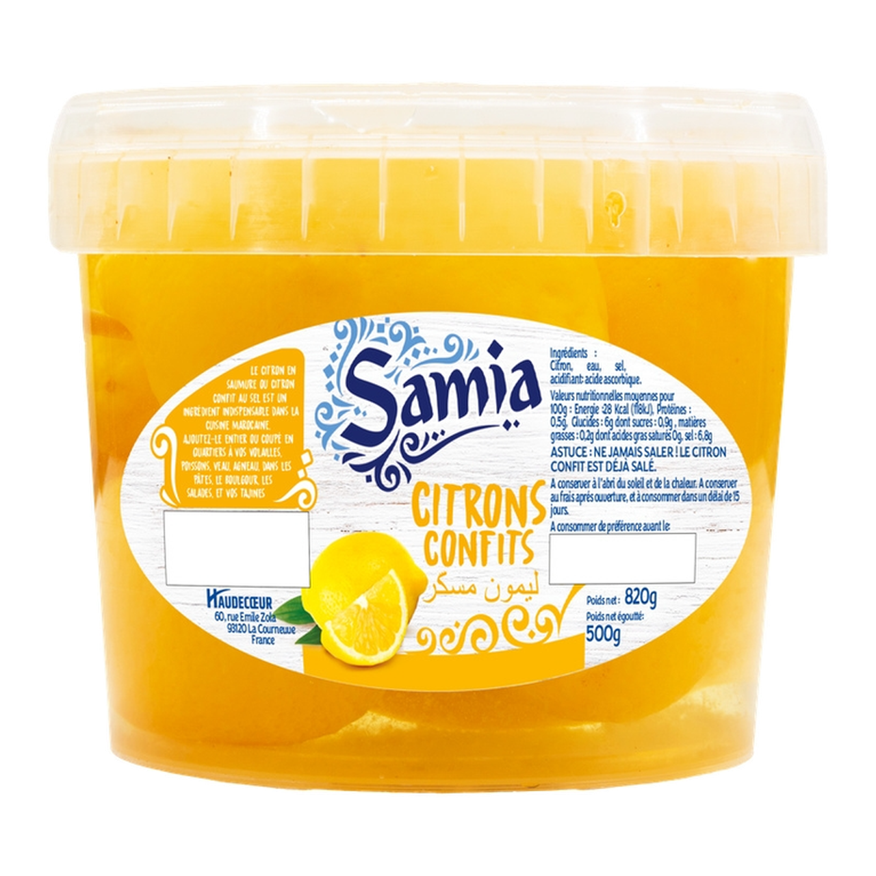 SAMIA Citrons Confits 820 g (Net Égoutté : 500 g)