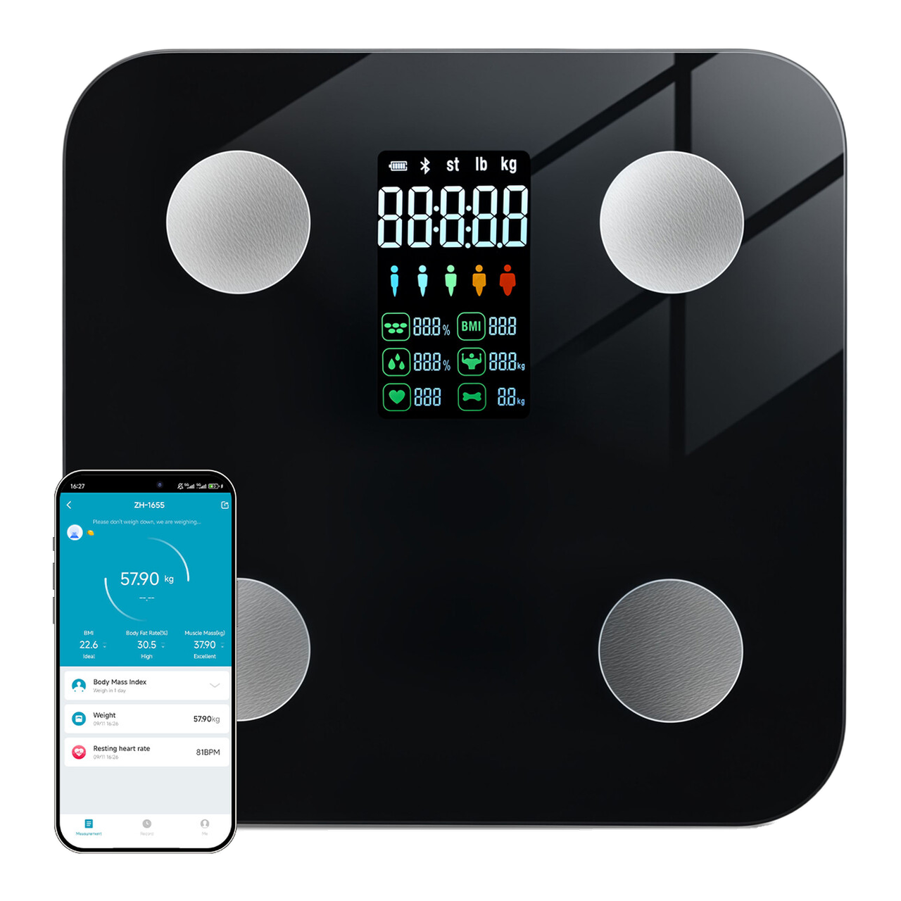 Sparoma ZJ08 Balance de salle de bain numérique avec écran LCD couleur – Alimentée par piles (4 × AAA non incluses), moniteur Bluetooth de graisse corporelle et de fréquence cardiaque avec suivi par application