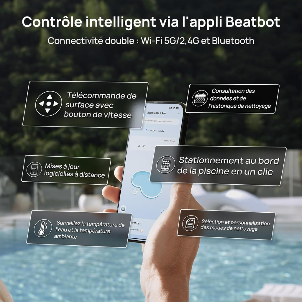 Beatbot MS 2 Pro Version Robot Aspirateur de Piscine Sans Fil, Nettoyage 5-en-1 Inégalé, Stationnement en Surface, Skimmer de Piscine avec Contrôle par Application