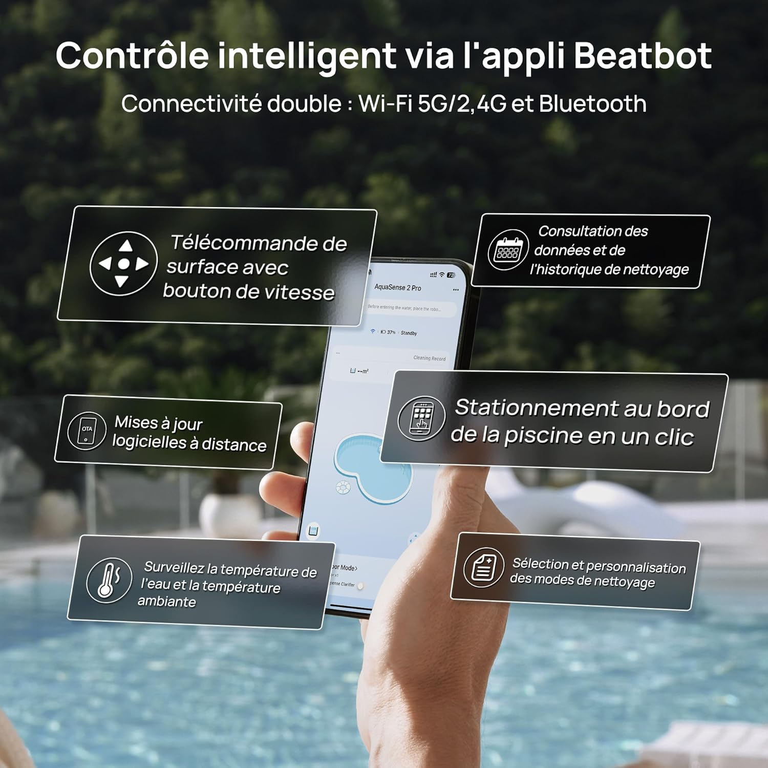 Beatbot MS 2 Pro Version Robot Aspirateur de Piscine Sans Fil, Nettoyage 5-en-1 Inégalé, Stationnement en Surface, Skimmer de Piscine avec Contrôle par Application