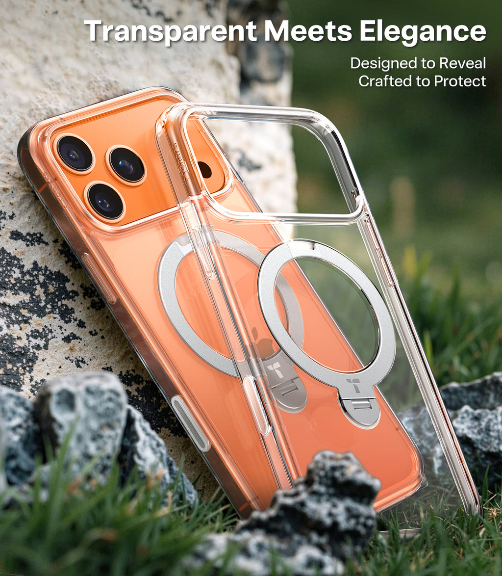 TORRAS Coque Série Ostand Spin pour iPhone 17 Pro , [Finition mate antidérapante et anti-traces de doigts] - Transparente