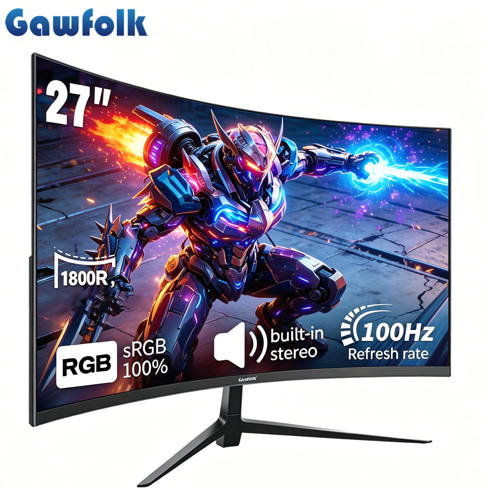 Gawfolk Moniteur de jeu incurvé 27 po : écran VA FHD 1080P 100 Hz 1800R, 100 % sRGB, synchronisation adaptative, haut-parleurs intégrés, HDMI/VGA, compatible fixation VESA