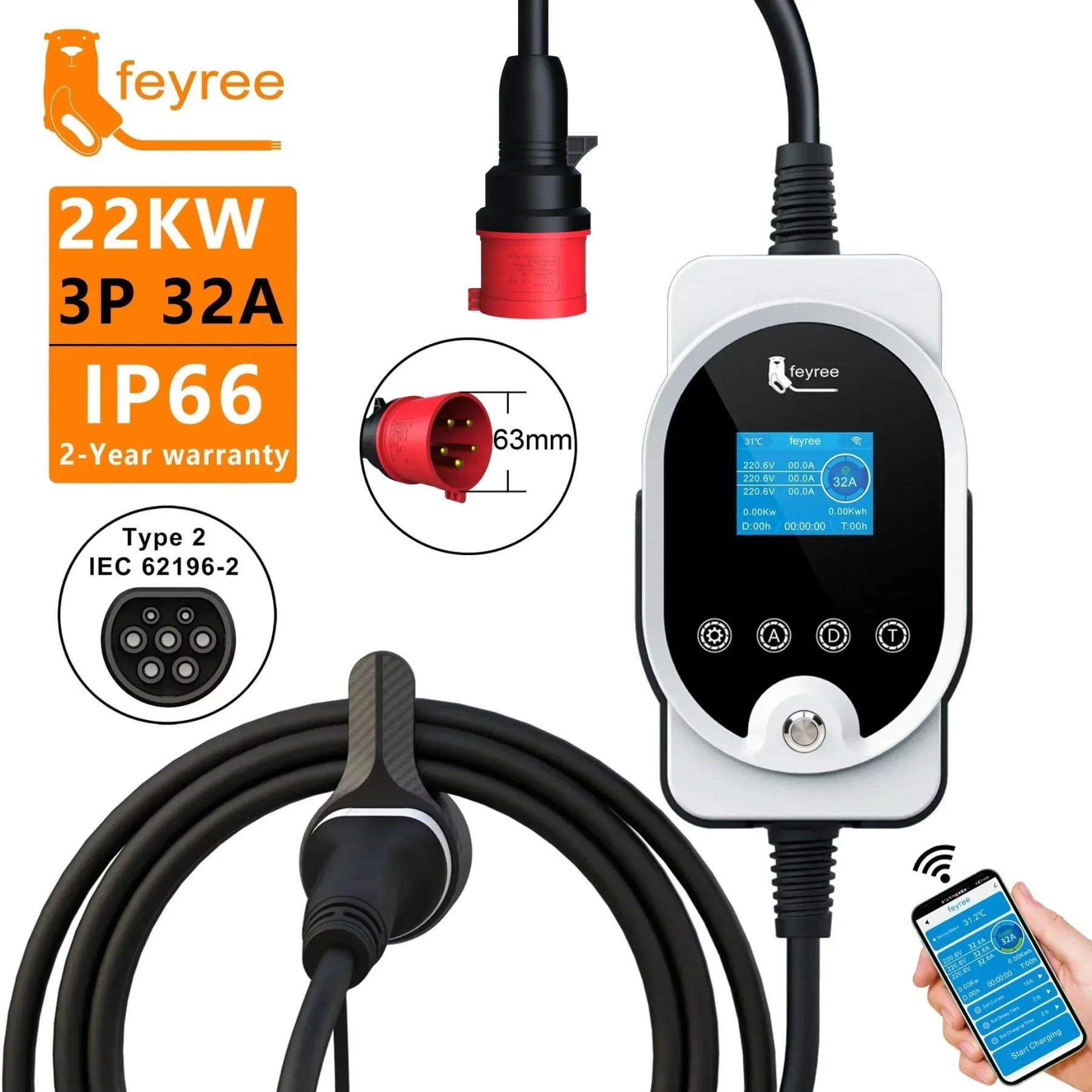 feyree Chargeur portable 22 kW pour voiture électrique, câble Type 2, 32 A, 3 phases, station de recharge EVSE intelligente Wi‑Fi avec application, station de recharge rapide