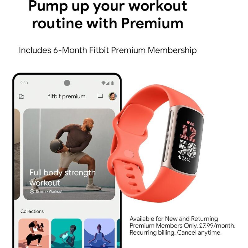 Google Fitbit Charge 6 Tracker d'Activité Inclus un Abonnement Premium de 6 Mois, Autonomie de 7 Jours, Google Wallet et Maps Corail / Or Champagne