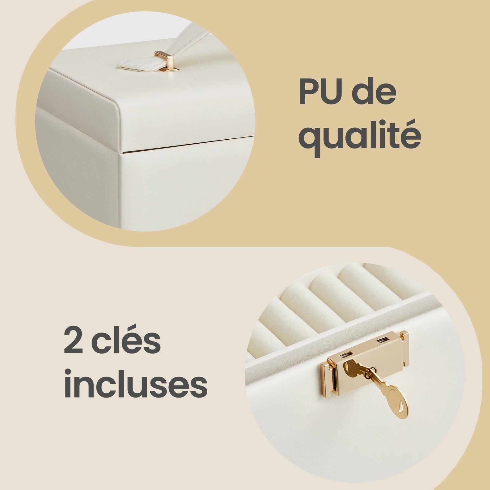 JOYFURNOS Boîte à bijoux 3 niveaux, Organisateur de bijoux avec 2 tiroirs, Étui à bijoux avec étui de voyage portable, Avec poignée, Verrouillable, Idée cadeau, Housse en PU blanc nuage, Doublure blanche crème