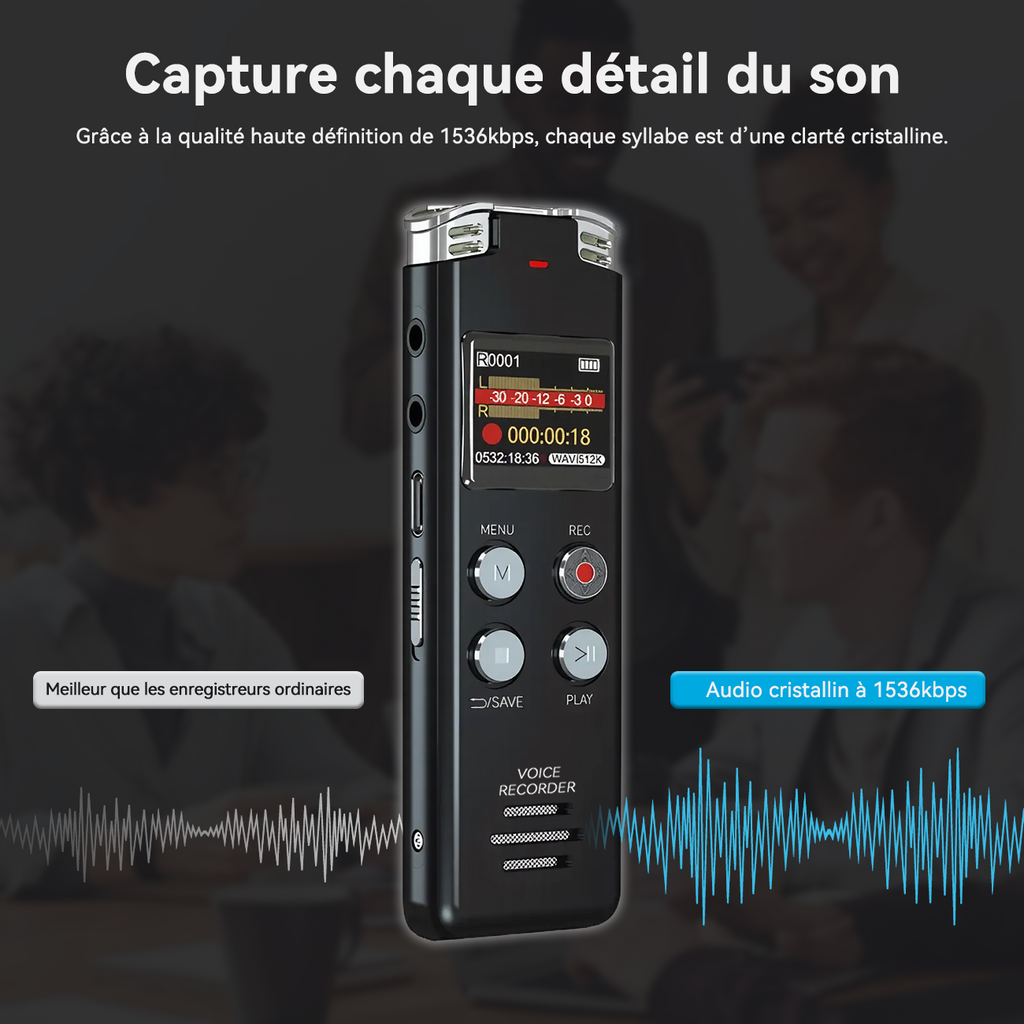 Rexsun Enregistreur vocal numérique portable 128 Go avec écran LCD, Réduction intelligente du bruit, ABS et alliage d’aluminium, Gris, L357
